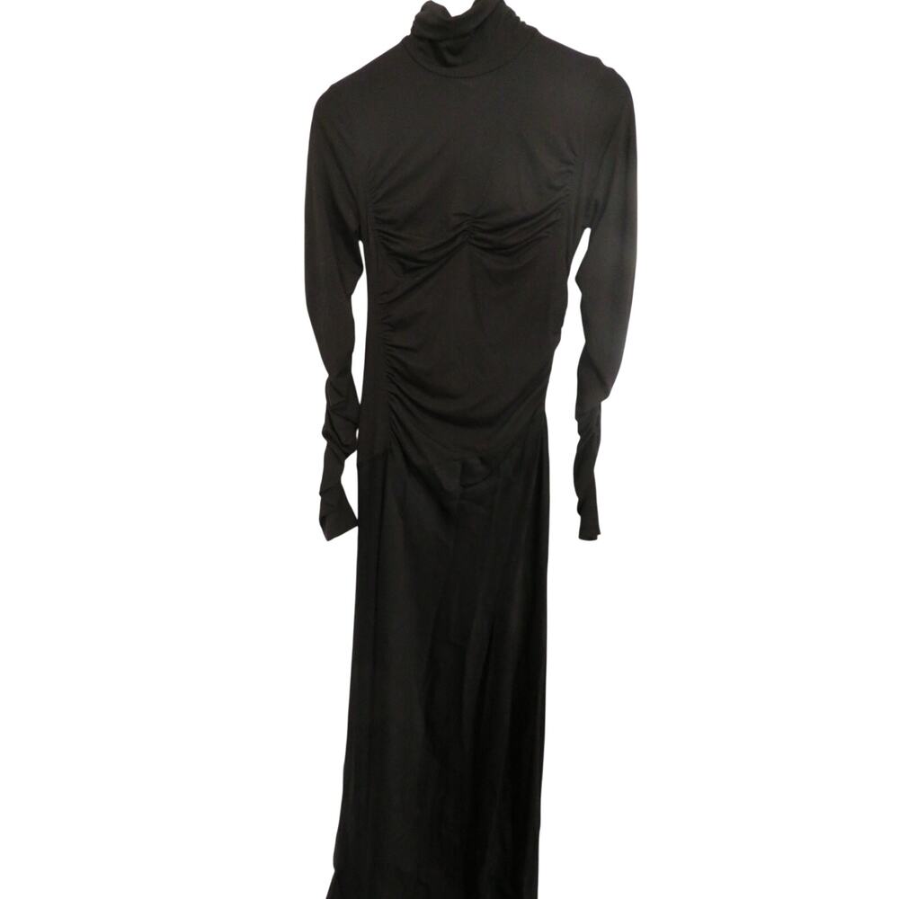 Banana Republic Sz S Brown Ruched Maxi Dress Jersey Stretch Satin Long Sleeve